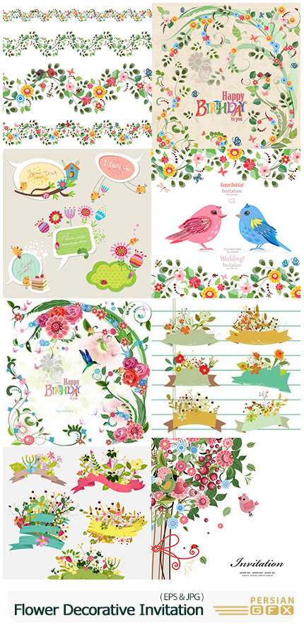 دانلود وکتور عناصر تزئینی گلدار برای تولد و عروسی - Wedding And Birthday Flower Decorative Design Invitation