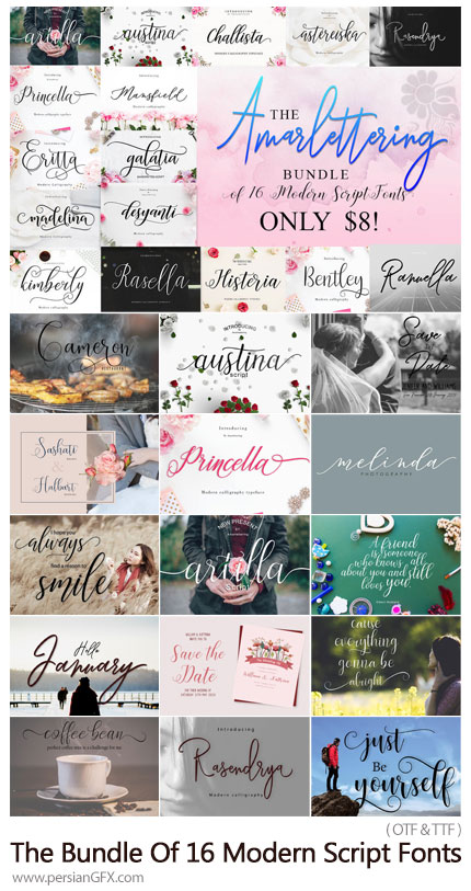 دانلود 16 فونت انگلیسی مدرن - The Amarlettering Bundle Of 16 Modern Script Fonts