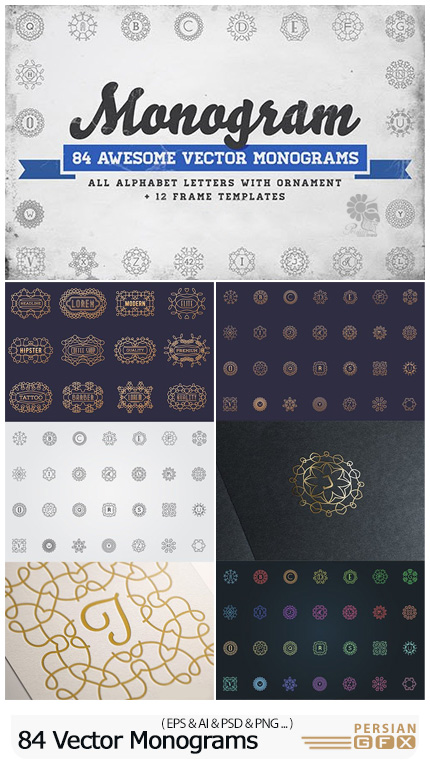 دانلود 84 وکتور مونوگرام با طرح های متنوع به همراه 12 فریم آماده - 84 Vector Monograms + 12 Frame Template