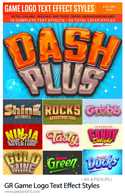 دانلود استایل فتوشاپ با 10 افکت لایه باز بازی برای متن از گرافیک ریور - GraphicRiver Game Logo Text Effect Styles