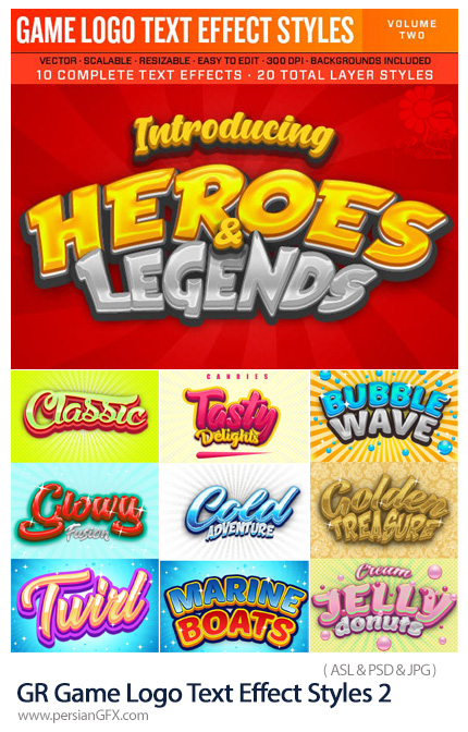 دانلود استایل فتوشاپ با 10 افکت لایه باز بازی برای متن از گرافیک ریور - GraphicRiver Game Logo Text Effect Styles 2