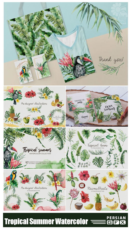 دانلود کلیپ آرت عناصر طراحی آبرنگی تابستانی شامل فریم، پترن، المان های استوایی و ... - Tropical Summer Watercolor Clip Art