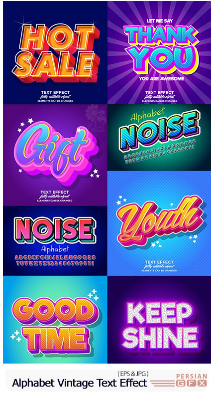 دانلود وکتور حروف انگلیسی و متن با افکت های متنوع وینتیج - Alphabet And Inscriptions Vintage Text Effect