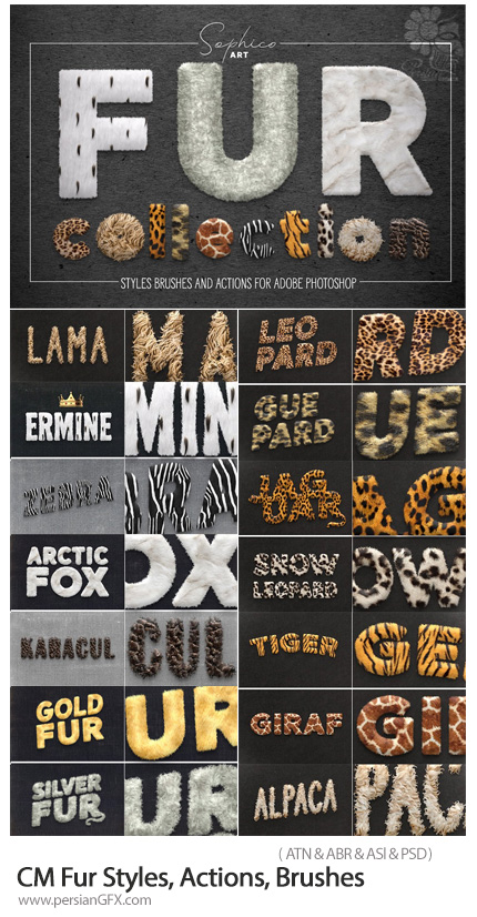دانلود اکشن، براش و استایل فتوشاپ ایجاد پوست حیوانات مختلف بر روی متن - CreativeMarket Fur Styles, Actions, Brushes