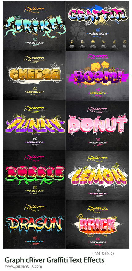 دانلود استایل فتوشاپ با 10 افکت لایه باز گرافیتی برای متن - GraphicRiver Graffiti Text Effects