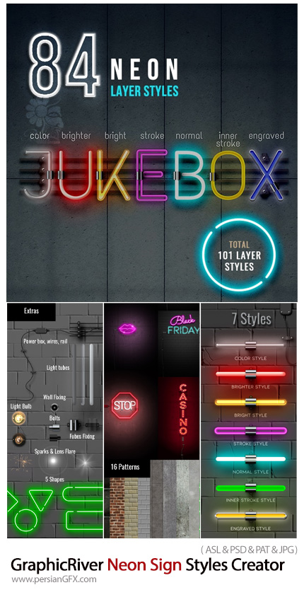 دانلود استایل فتوشاپ تبدیل متن و اشکال به تابلوی نئونی - GraphicRiver Neon Sign Styles Creator