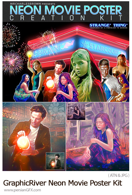 دانلود اکشن فتوشاپ ساخت پوستر نئونی فیلم به همراه آموزش ویدئویی - GraphicRiver Neon Movie Poster Kit