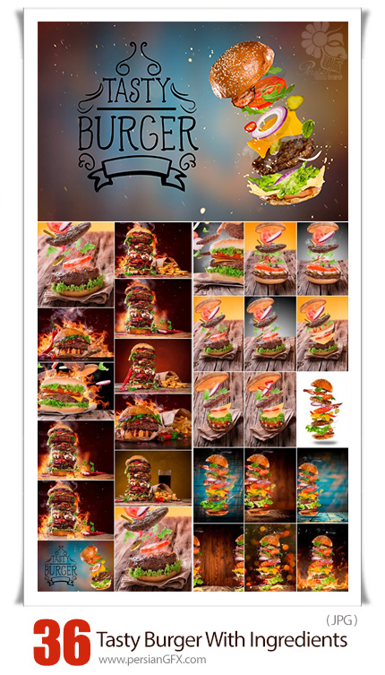دانلود 36 عکس با کیفیت همبرگر و مواد اولیه برای طراحی پوستر و فلایر تبلیغاتی - Big Tasty Burger With Flying Ingredients
