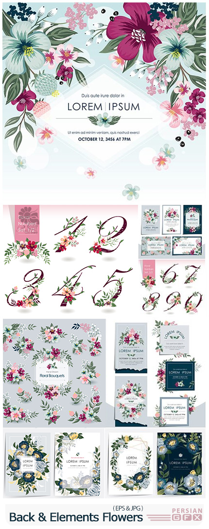 دانلود وکتور بک گراند و عناصر گلدار تزئینی - Vector Backgrounds And Elements With Flowers
