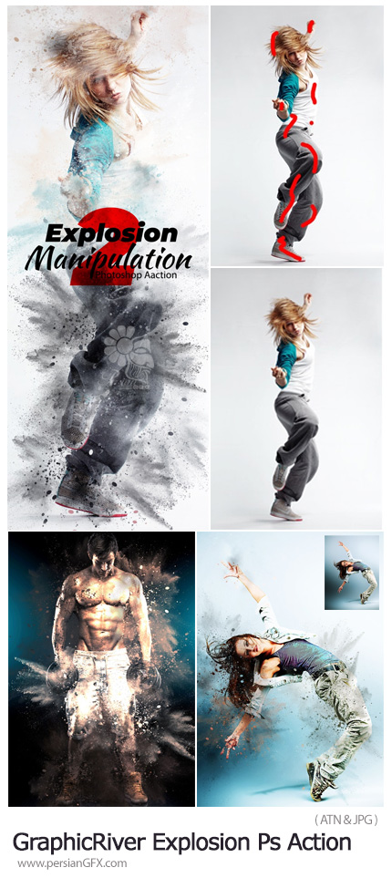 دانلود اکشن فتوشاپ ایجاد افکت انفجار ذرات بر روی تصاویر - GraphicRiver Explosion Photoshop Action