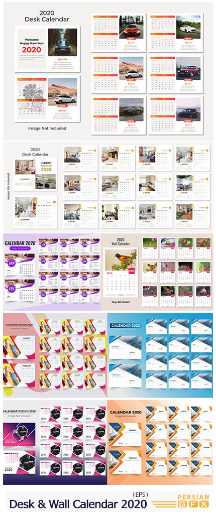 دانلود مجموعه وکتور تقویم های رومیزی و دیواری 2020 - Desk And Wall Calendar 2020 Pack