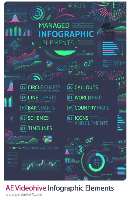 دانلود المان های اینفوگرافیکی افترافکت به همراه آموزش ویدئویی - Videohive Managed Infographic Elements