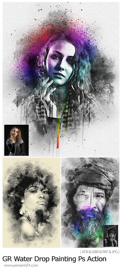 دانلود اکشن فتوشاپ تبدیل تصاویر به نقاشی با قطرات آبرنگ - GraphicRiver Water Drop Painting Photoshop Action
