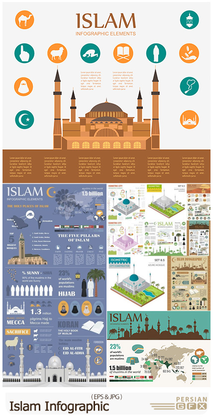 دانلود مجموعه وکتور نمودارهای اینفوگرافیکی اسلامی - Islam Infographic Muslim Culture
