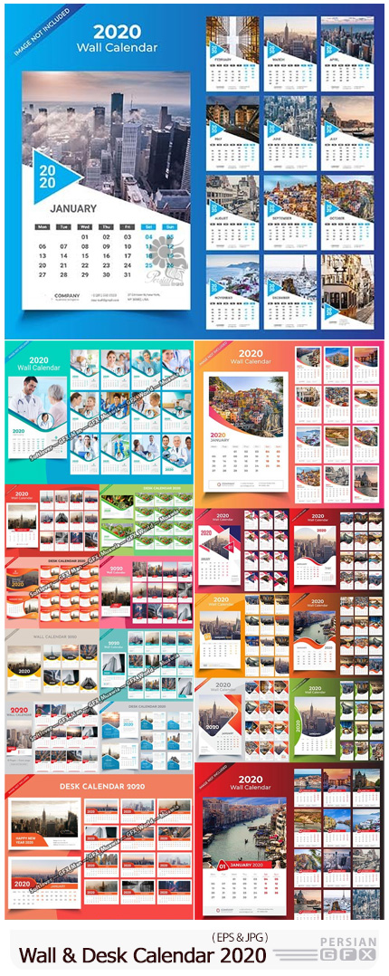دانلود مجموعه وکتور تقویم های رومیزی و دیواری 2020 - Set of Wall And Desk Calendar 2020 Template