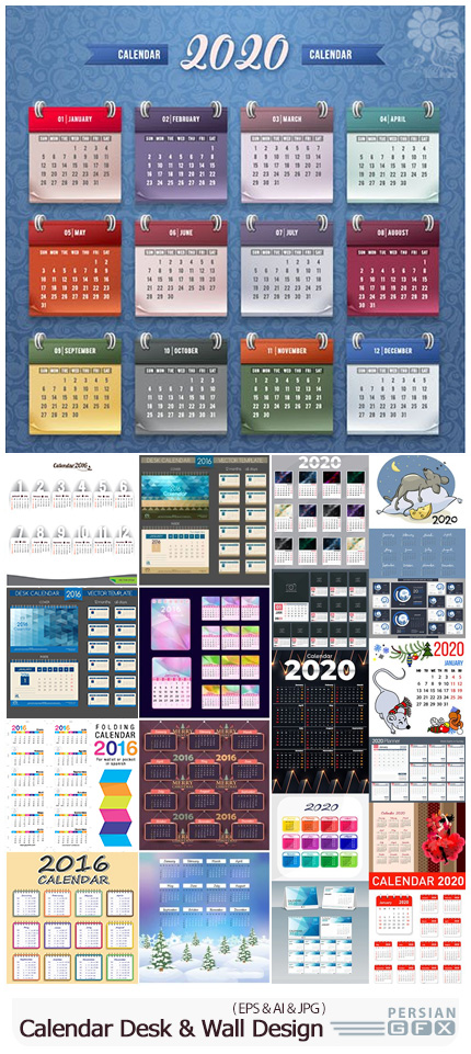 دانلود مجموعه وکتور تقویم های رومیزی و دیواری سال جدید - Calendar New Year Desk And Wall Design Template