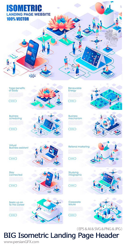 دانلود مجموعه سرصفحه های ایزومتریک لندینگ پیج - BIG Collection Isometric Landing Page Header