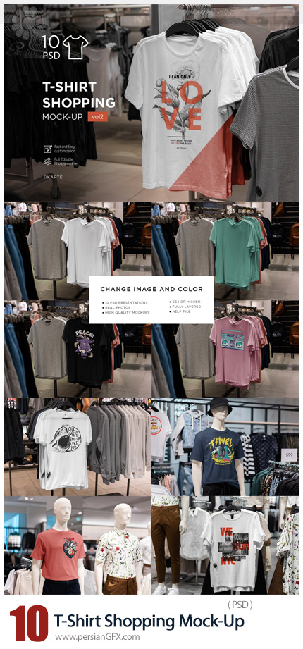 دانلود 10 موکاپ تی شرت در فروشگاه - T-Shirt Shopping Mock-Up