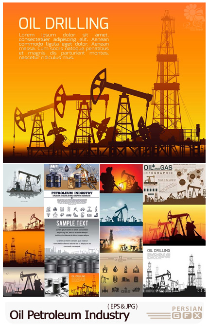 دانلود 15 وکتور پالایشگاه نفت، بشکه، نفتکش، چراغ، دکل و قطره - 15 Oil Pump Petroleum Industry Vector