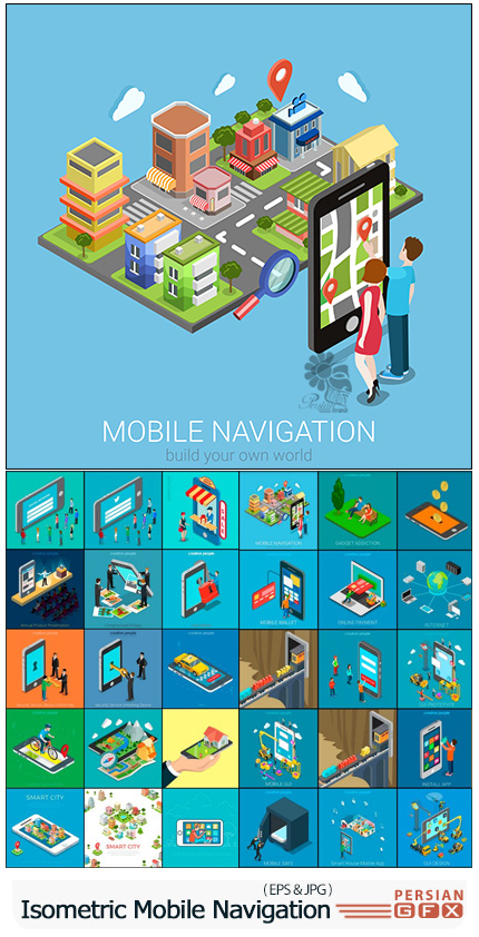 دانلود وکتور طرح های ایزومتریک ناوبری موبایل - Flat Isometric Vector Mobile Navigation