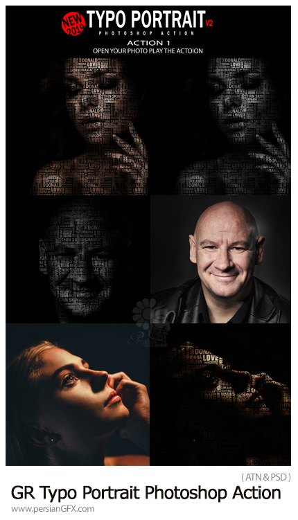 دانلود اکشن فتوشاپ ساخت پرتره تایپوگرافی - GraphicRiver Typo Portrait v2 Photoshop Action