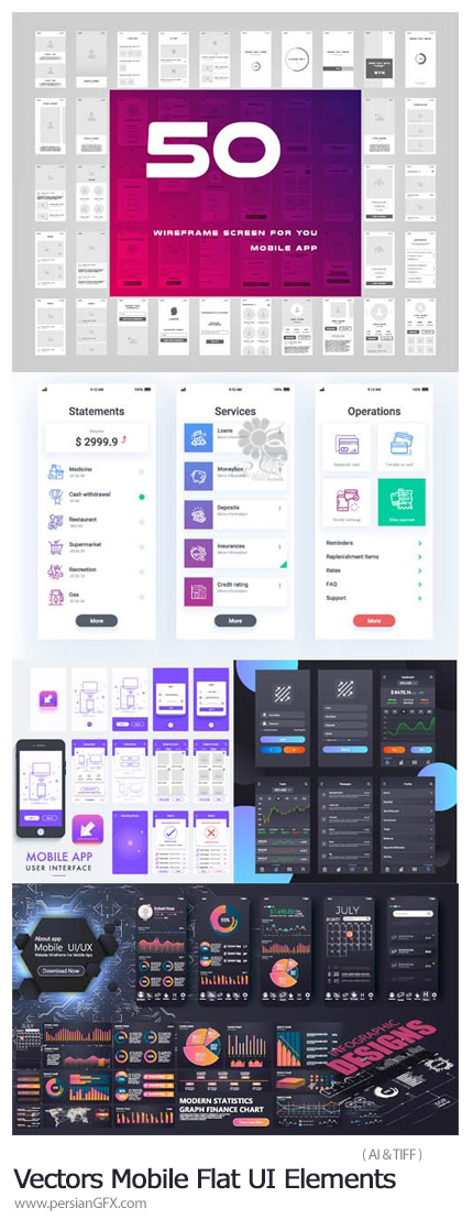 دانلود وکتور المان های فلت رابط کاربری موبایل - Vectors Mobile Flat UI Elements