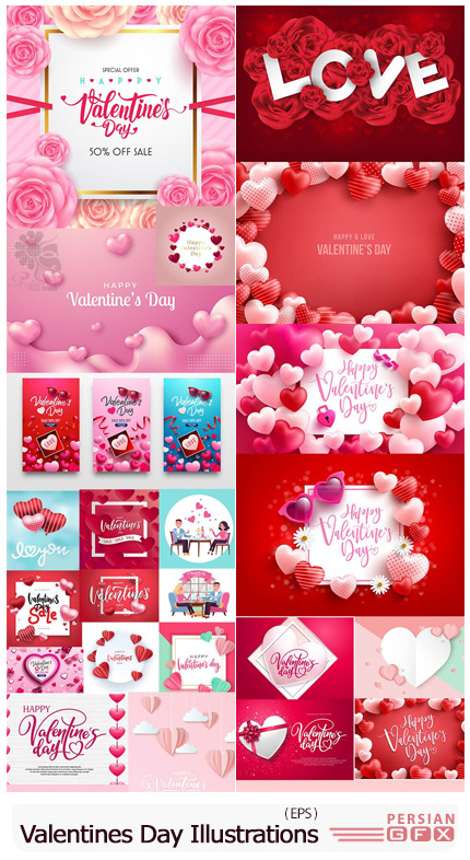 دانلود مجموعه وکتور طرح های فانتزی با قلب برای ولنتاین - Vector Set Of Romantic Valentines Day Illustrations