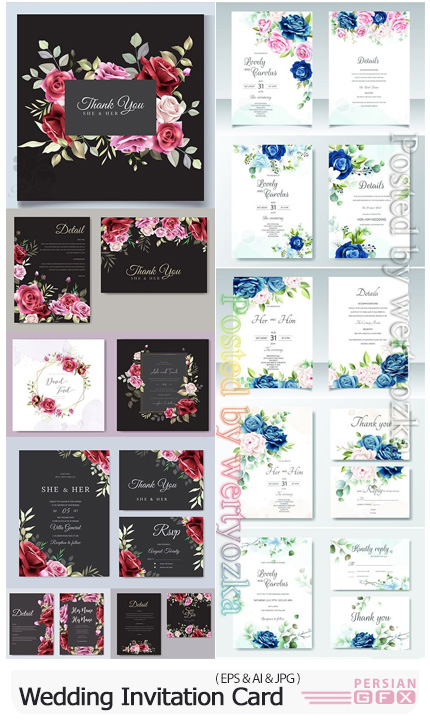 دانلود مجموعه کارت های دعوت عروسی با طرح های گلدار تزئینی - Wedding Floral Invitation Vector Card Template