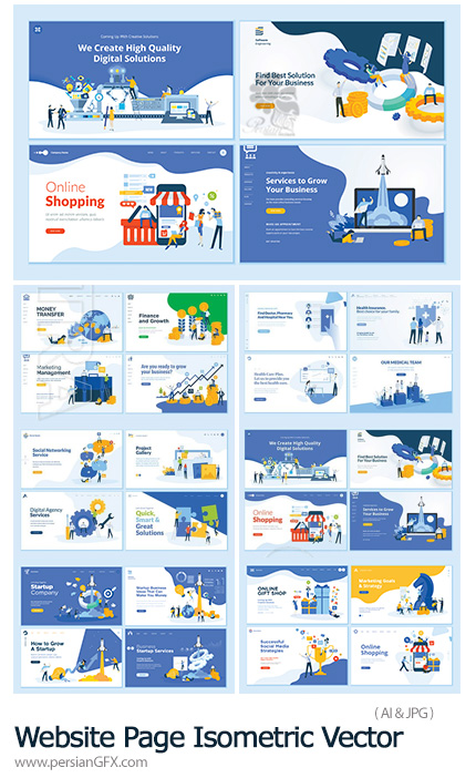دانلود مجموعه وکتور بنرهای فلت برای صفحات وب - Website Page Isometric Vector, Flat Banner Concept Illustration