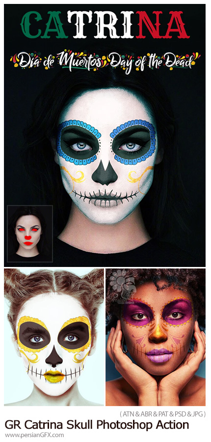 دانلود اکشن فتوشاپ ایجاد افکت نقاشی اسکلت بر روی چهره به همراه آموزش ویدئویی - GraphicRiver Catrina Skull Photoshop Action