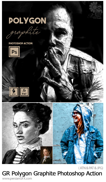 دانلود اکشن فتوشاپ ساخت طرح های گرافیتی چند ضلعی - Graphicriver Polygon Graphite Photoshop Action