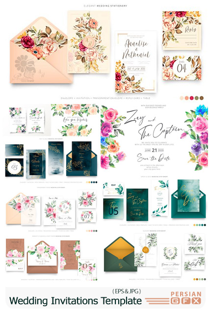 دانلود قالب وکتور کارت دعوت عروسی با طرح های تزئینی آبرنگی - Wedding Invitations Floral Elegant Decorative Template