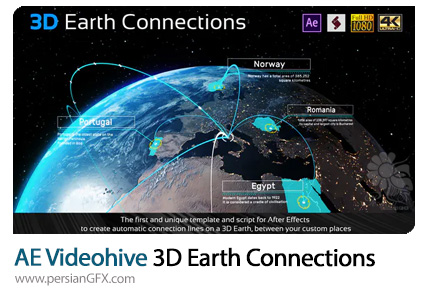 دانلود پروژه افترافکت ساخت خطوط اتصال سه بعدی بین کشورها بر روی کره زمین - Videohive 3D Earth Connections