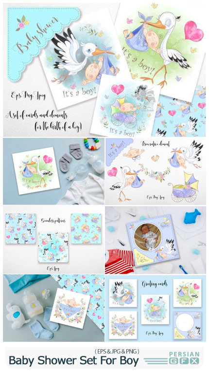 دانلود وکتور ست بی بی شاور پسرانه شامل کارت پستال، پترن و المان های تزئینی - Baby Shower Set For Boy