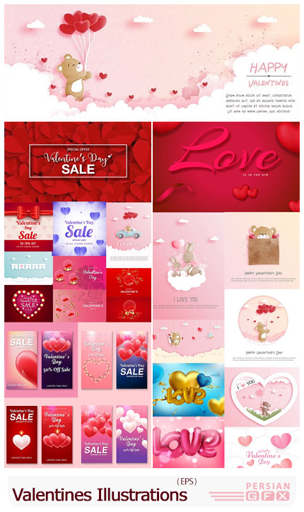 دانلود مجموعه وکتور طرح های فانتزی با قلب برای ولنتاین - Vector Set of Romantic Valentines Day Illustrations