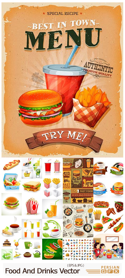 دانلود مجموعه وکتور فست فود و نوشیدنی های متنوع - Fast Food And Drinks Vector