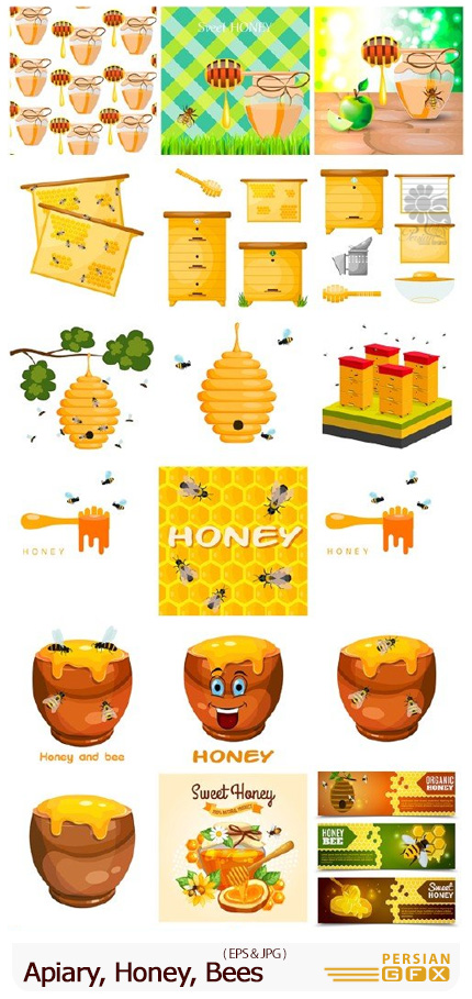 دانلود وکتور زنبور عسل، عسل و کندوی عسل - Apiary, Honey, Bees