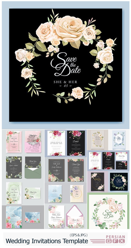 دانلود قالب وکتور کارت دعوت عروسی با طرح های تزئینی آبرنگی - Wedding Invitations Floral Elegant Decorative Template
