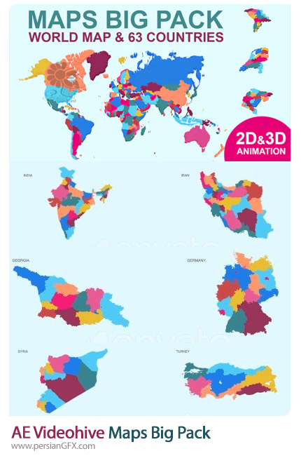 دانلود پک نقشه کشورهای جهان بهمراه شهر ها در افترافکت - Videohive Maps Big Pack