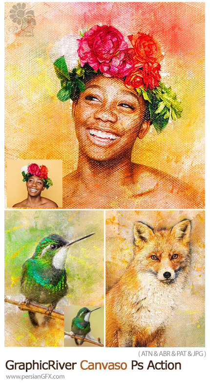 دانلود اکشن فتوشاپ تبدیل تصاویر به نقاشی روی بوم به همراه آموزش ویدئویی - GraphicRiver Canvaso Photoshop Action