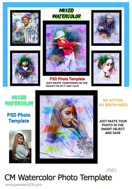 دانلود قالب لایه باز تبدیل تصاویر به طرح آبرنگی - CreativeMarket Mixed Watercolor Photo Template