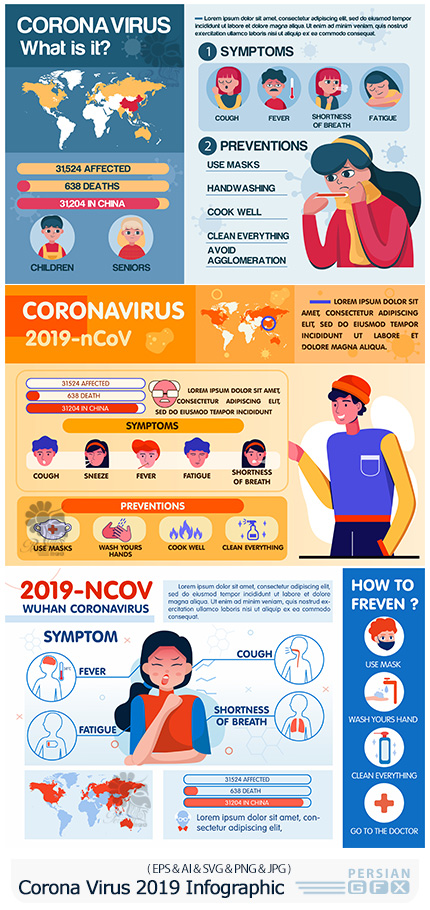 دانلود نمودارهای اینفوگرافیکی ویرووس کرونا - Wuhan Corona Virus 2019 Symptoms Infographic