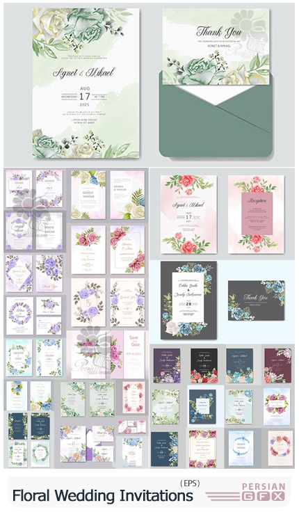 دانلود مجموعه کارت های دعوت عروسی با طرح های گلدار تزئینی - Beautiful Floral Wedding Invitation Bundle
