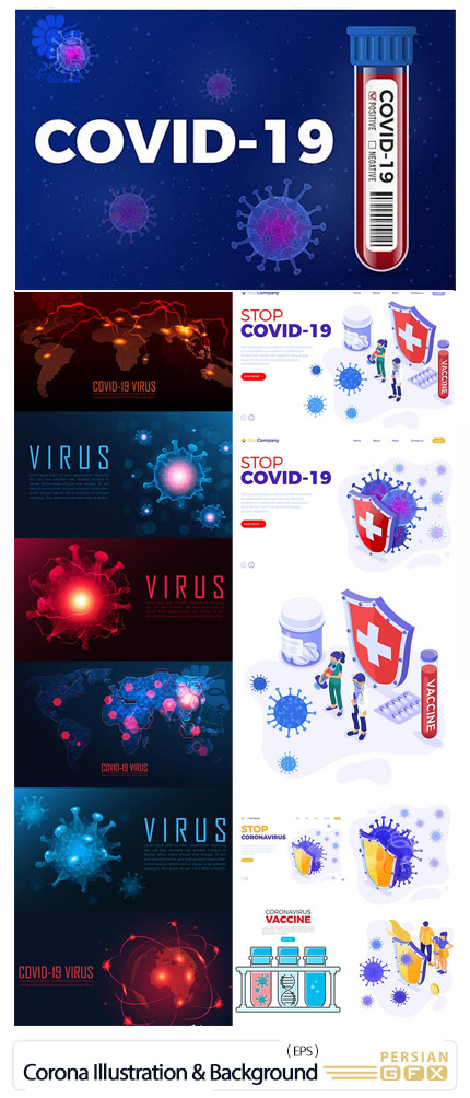 دانلود بک گراند و طرح های آماده با موضوع ویروس کرونا - Stop Coronavirus Illustration And Background Set