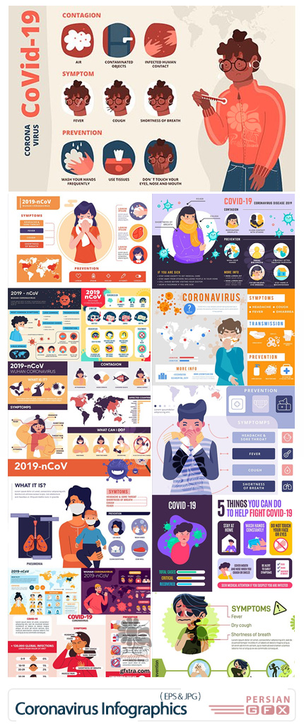 دانلود المان های اینفوگرافیکی علائم و پیشگیری ویرووس کرونا - Coronavirus 2019 Symptoms And Prevention Design Infographics