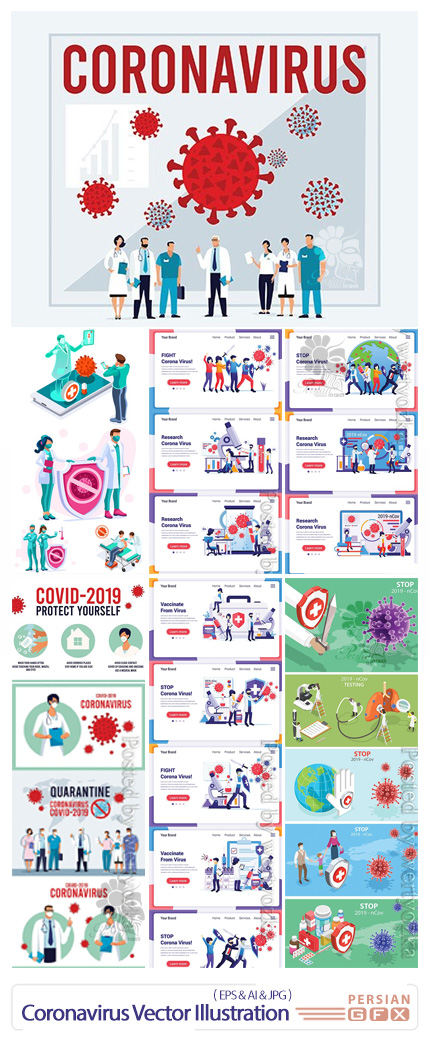 دانلود مجموعه وکتور طرح های مفهومی ویروس کرونا و کویید 19 - Covid-19 Corona virus Conceptual Vector Illustration