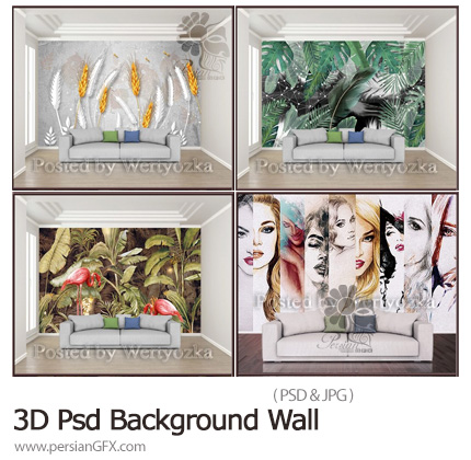 دانلود 4 طرح کاغذ دیواری سه بعدی فانتزی و منظره - 3D Psd Background Wall Garden Flamingo, Beauty Salons And Green Leafy Plant