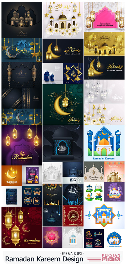 دانلود مجموعه وکتور بک گراند، پوستر و کارت پستال برای ماه رمضان - Ramadan Kareem And Eid Mubarak Design Illustrations