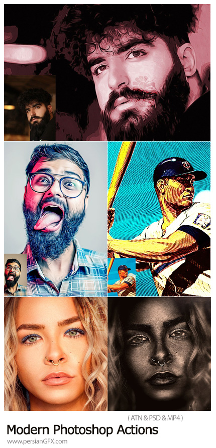 دانلود مجموعه اکشن فتوشاپ با 4 افکت نقاشی رنگ روغن، هافتون و پالت خیس - Modern Photoshop Actions