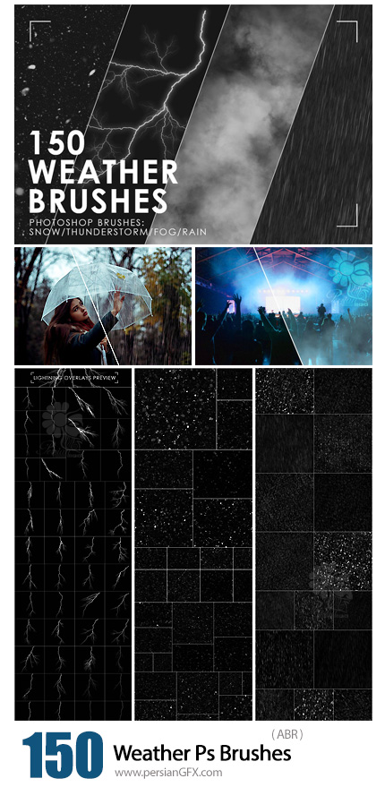 دانلود 150 براش فتوشاپ بارش باران و برف، رعد و برق، دود و مه - 150 Weather Photoshop Brushes